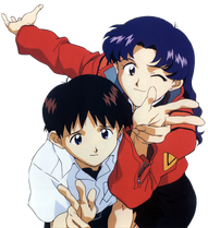 misato and shinji from neon genesis evangelion doing peace signs