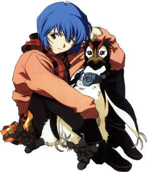 png of rei from neon genesis evangelion hugging misato's pet, pen pen